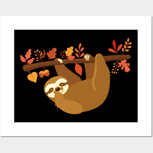 Lazy Sloth Autumn Leaves Thanksgiving Sleepy Animal Fall Posters and Art